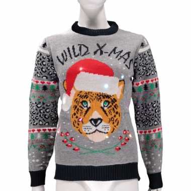 Dames foute kersttrui wild x mas met lichtjes
