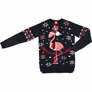 Donkerblauwe dames kersttrui met flamingo