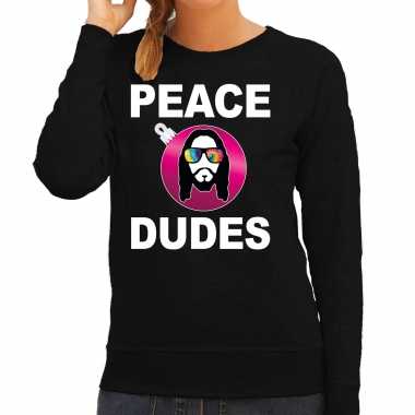 Hippie jezus kerstbal sweater / kerstkleding peace dudes zwart voor dames