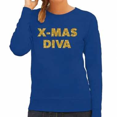 Kersttrui christmas diva gouden glitter letters blauw dames
