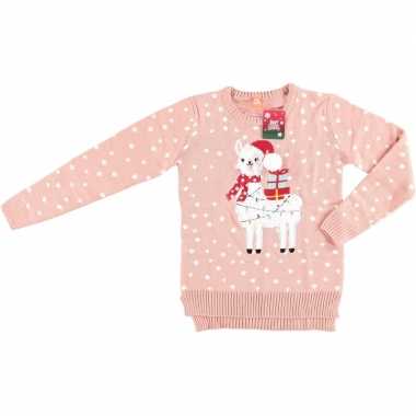 Roze dames kersttrui met lama/alpaca