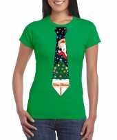 Fout kerst t-shirt groen met kerstboom stropdas voor dames