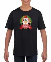 Zwart kerst t shirt voor kinderen met een pinguin